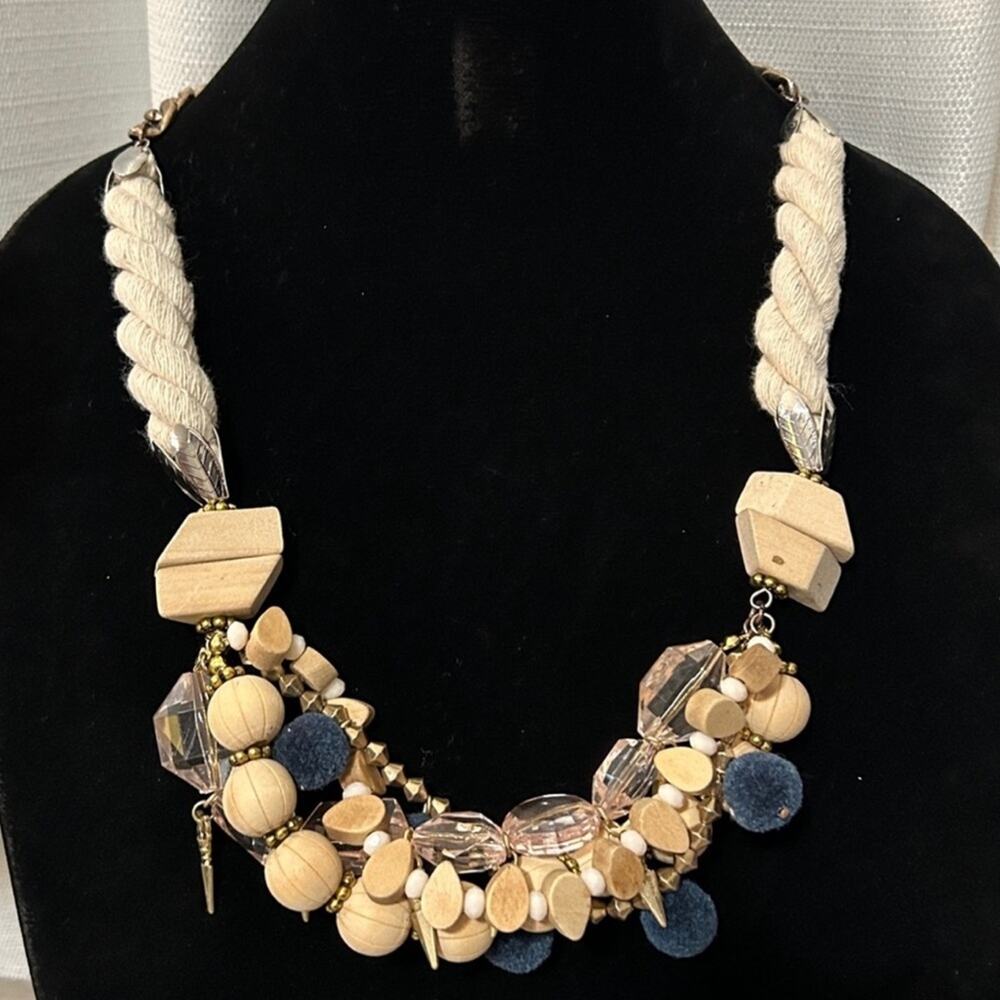 L39 Plunder Statement Necklace! Natural wood beaded blue Pom pons pink